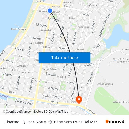 Libertad - Quince Norte to Base Samu Viña Del Mar map