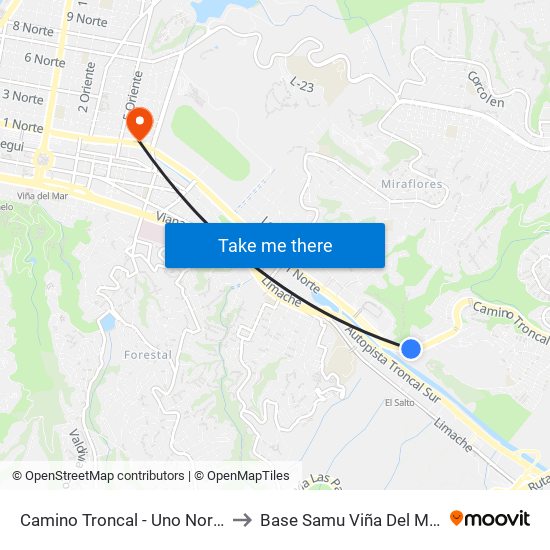 Camino Troncal - Uno Norte to Base Samu Viña Del Mar map