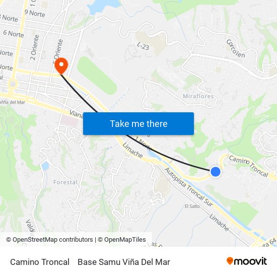 Camino Troncal to Base Samu Viña Del Mar map