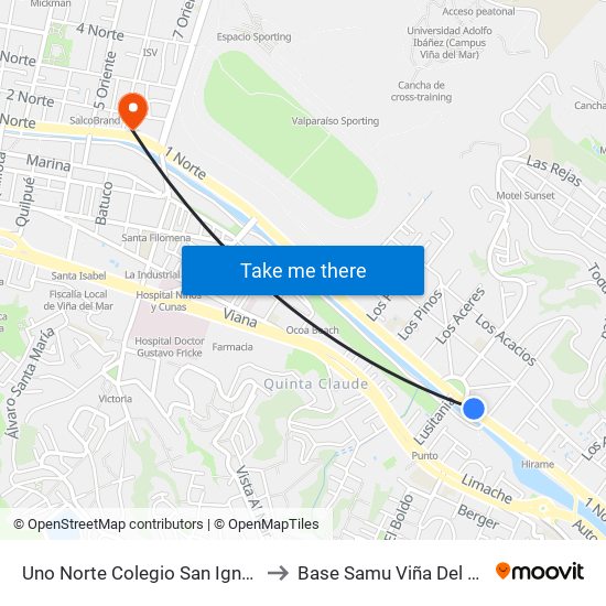 Uno Norte Colegio San Ignacio to Base Samu Viña Del Mar map