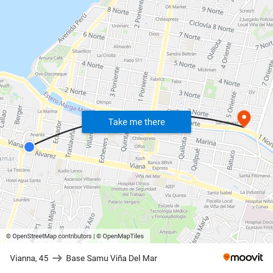 Vianna, 45 to Base Samu Viña Del Mar map