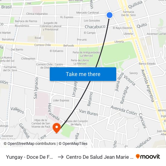 Yungay - Doce De Febrero to Centro De Salud Jean Marie Thierry map