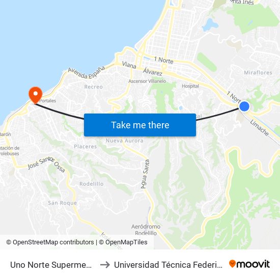 Uno Norte Supermecado Jumbo to Universidad Técnica Federico Santa María map