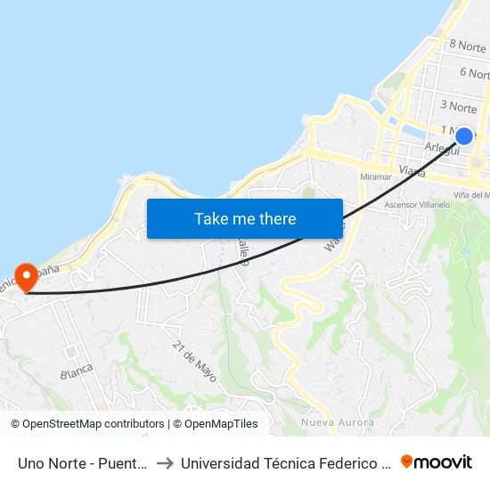 Uno Norte - Puente Quinta to Universidad Técnica Federico Santa María map