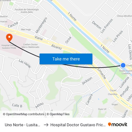 Uno Norte - Lusitania to Hospital Doctor Gustavo Fricke map