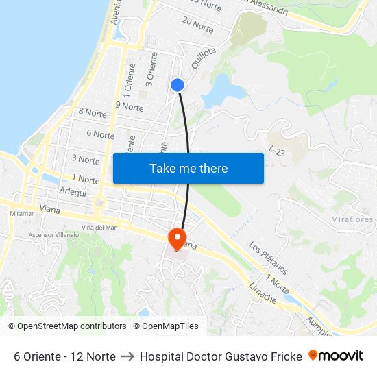 6 Oriente - 12 Norte to Hospital Doctor Gustavo Fricke map