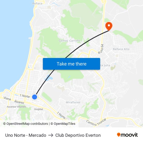 Uno Norte - Mercado to Club Deportivo Everton map