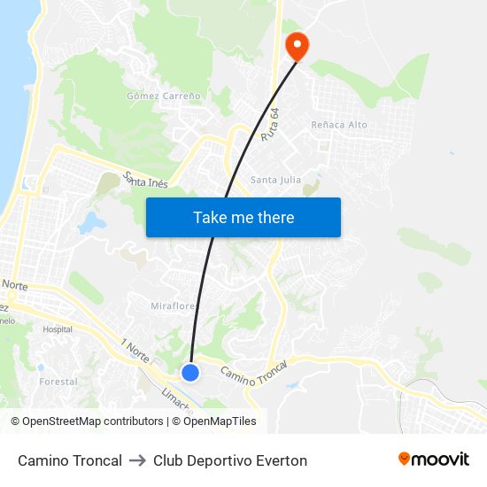 Camino Troncal to Club Deportivo Everton map