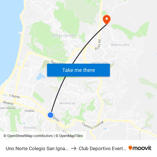 Uno Norte Colegio San Ignacio to Club Deportivo Everton map