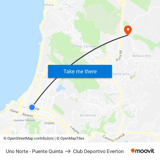 Uno Norte - Puente Quinta to Club Deportivo Everton map