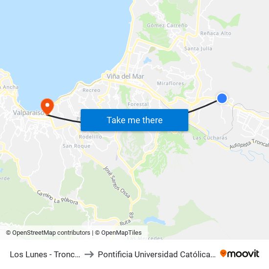 Los Lunes - Troncal / Norte to Pontificia Universidad Católica De Valparaíso map