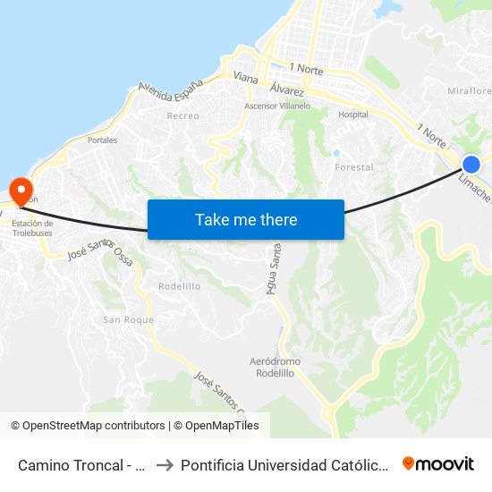 Camino Troncal - Uno Norte to Pontificia Universidad Católica De Valparaíso map