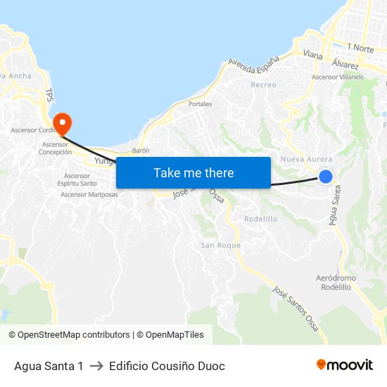 Agua Santa 1 to Edificio Cousiño Duoc map