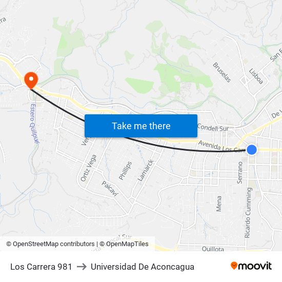 Los Carrera 981 to Universidad De Aconcagua map