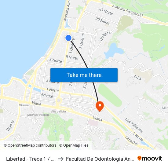 Libertad - Trece 1 / 2 Norte to Facultad De Odontología Andrés Bello map