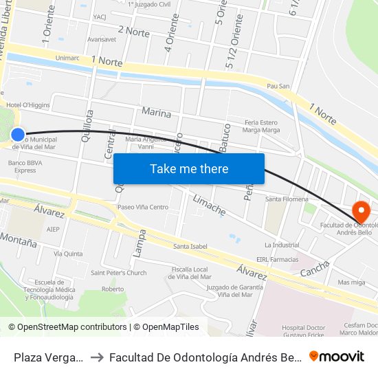 Plaza Vergara to Facultad De Odontología Andrés Bello map