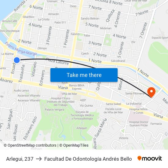 Arlegui, 237 to Facultad De Odontología Andrés Bello map