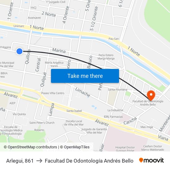 Arlegui, 861 to Facultad De Odontología Andrés Bello map