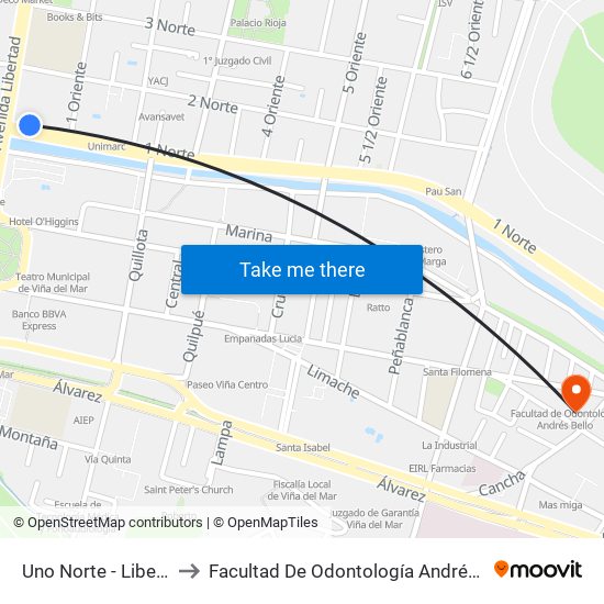 Uno Norte - Libertad to Facultad De Odontología Andrés Bello map