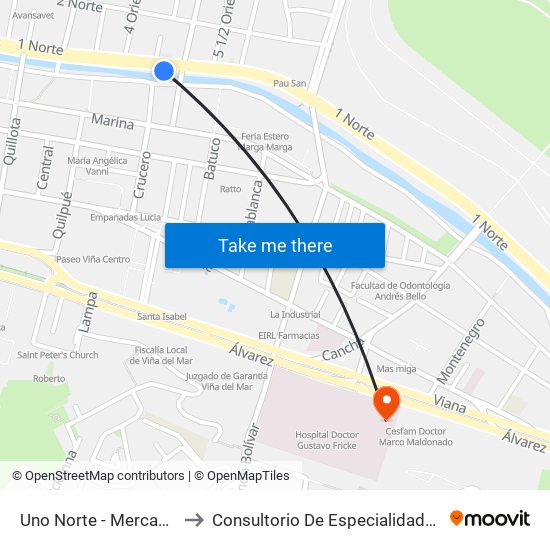 Uno Norte - Mercado to Consultorio De Especialidades map