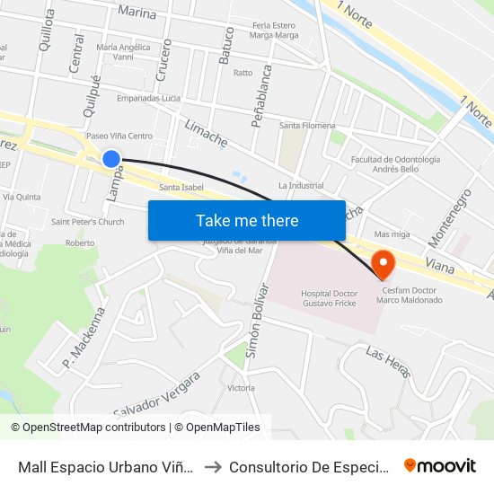 Mall Espacio Urbano Viña Centro to Consultorio De Especialidades map