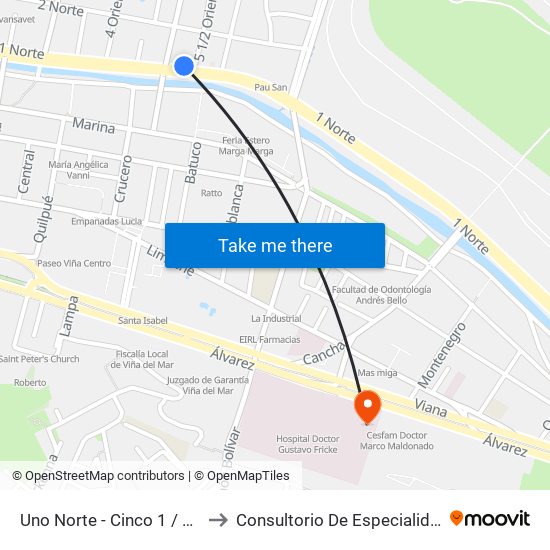 Uno Norte - Cinco 1 / 2 Ote to Consultorio De Especialidades map