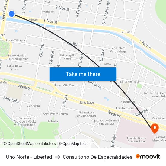 Uno Norte - Libertad to Consultorio De Especialidades map