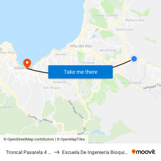 Troncal Pasarela 4 / Norte to Escuela De Ingeniería Bioquímica Pucv map