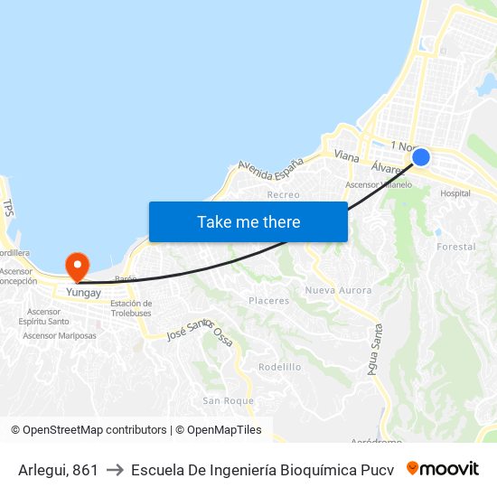 Arlegui, 861 to Escuela De Ingeniería Bioquímica Pucv map