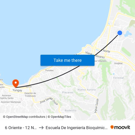 6 Oriente - 12 Norte to Escuela De Ingeniería Bioquímica Pucv map