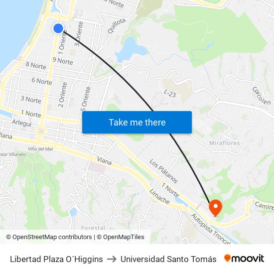 Libertad Plaza O´Higgins to Universidad Santo Tomás map