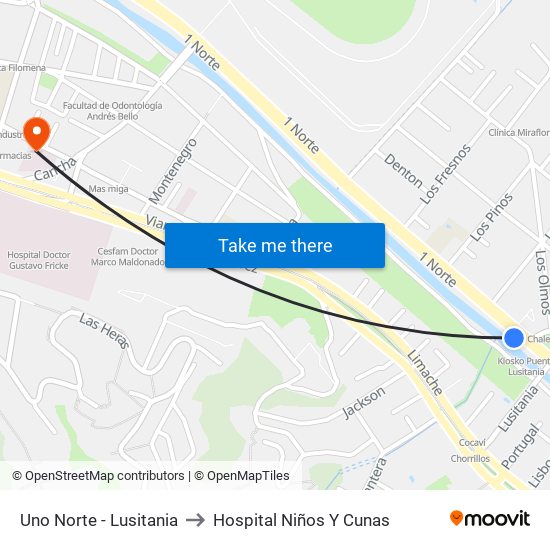 Uno Norte - Lusitania to Hospital Niños Y Cunas map