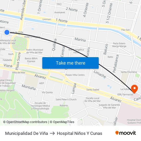 Municipalidad De Viña to Hospital Niños Y Cunas map
