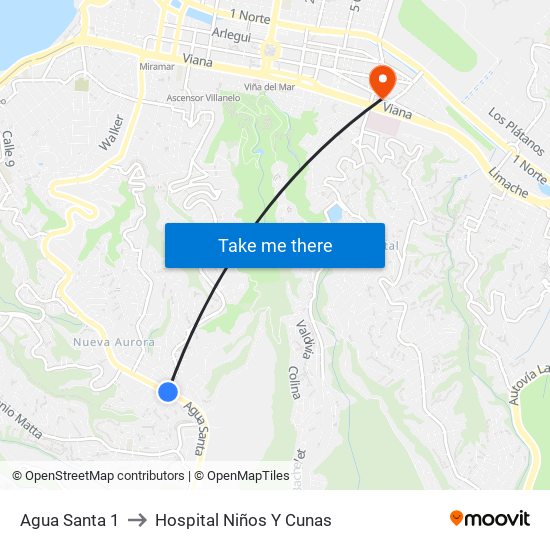 Agua Santa 1 to Hospital Niños Y Cunas map