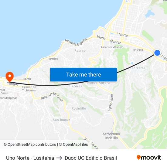 Uno Norte - Lusitania to Duoc UC Edificio Brasil map