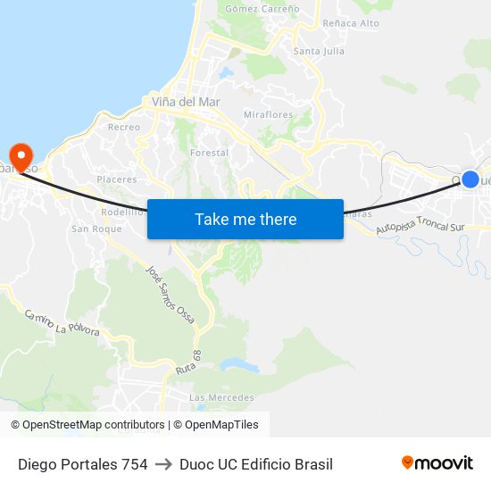 Diego Portales 754 to Duoc UC Edificio Brasil map