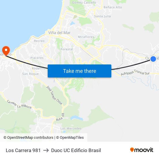 Los Carrera 981 to Duoc UC Edificio Brasil map