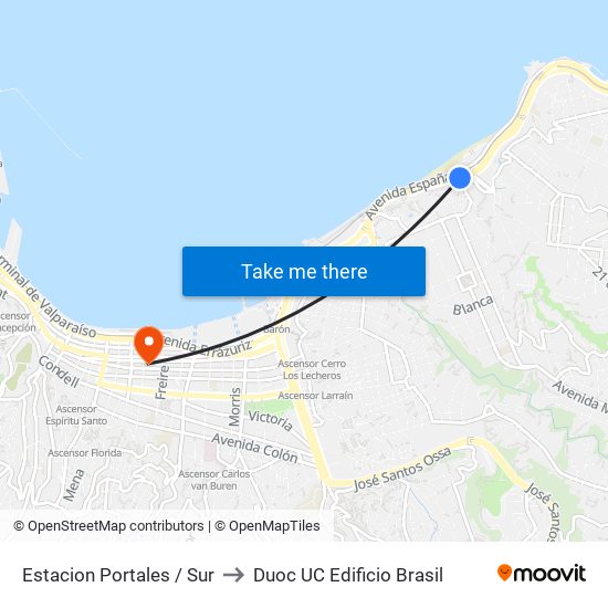 Estacion Portales / Sur to Duoc UC Edificio Brasil map