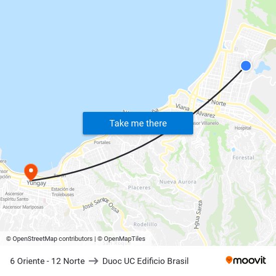 6 Oriente - 12 Norte to Duoc UC Edificio Brasil map