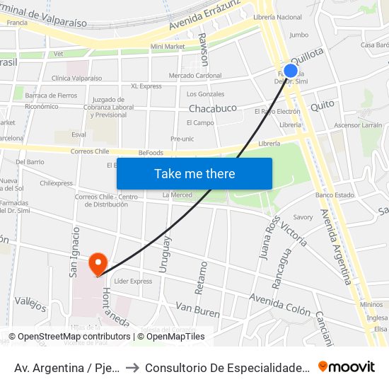 Av. Argentina / Pje Quillota to Consultorio De Especialidades Valparaíso map