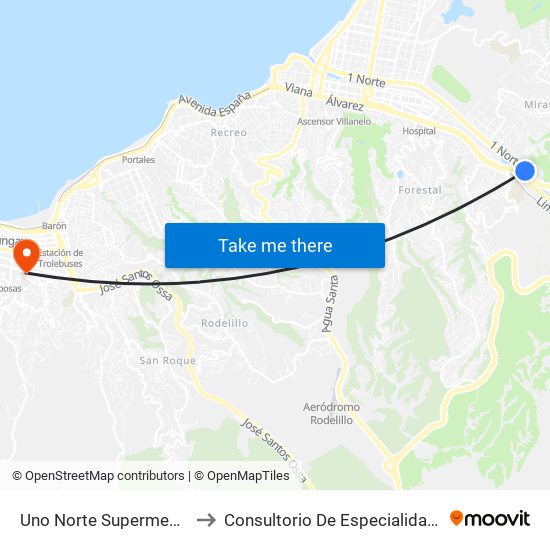 Uno Norte Supermecado Jumbo to Consultorio De Especialidades Valparaíso map