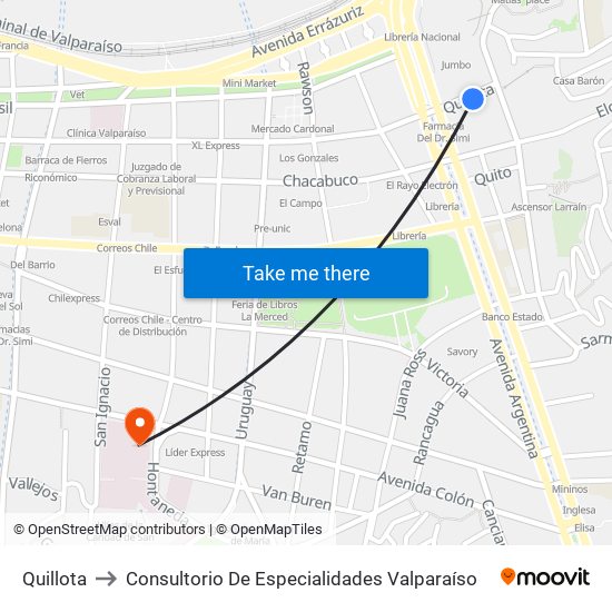 Quillota to Consultorio De Especialidades Valparaíso map