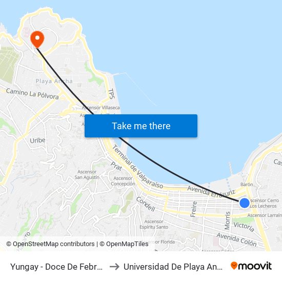 Yungay - Doce De Febrero to Universidad De Playa Ancha map