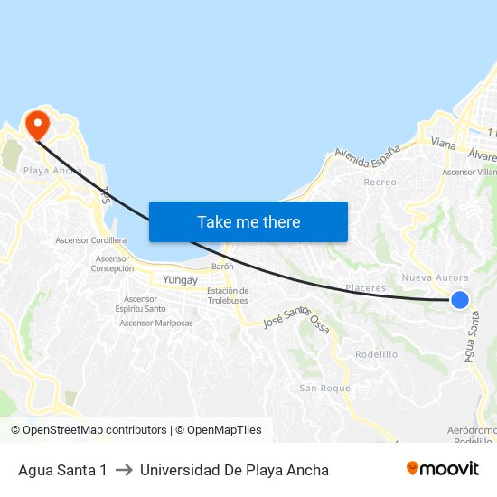 Agua Santa 1 to Universidad De Playa Ancha map