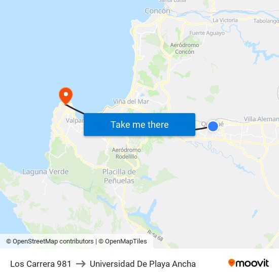 Los Carrera 981 to Universidad De Playa Ancha map