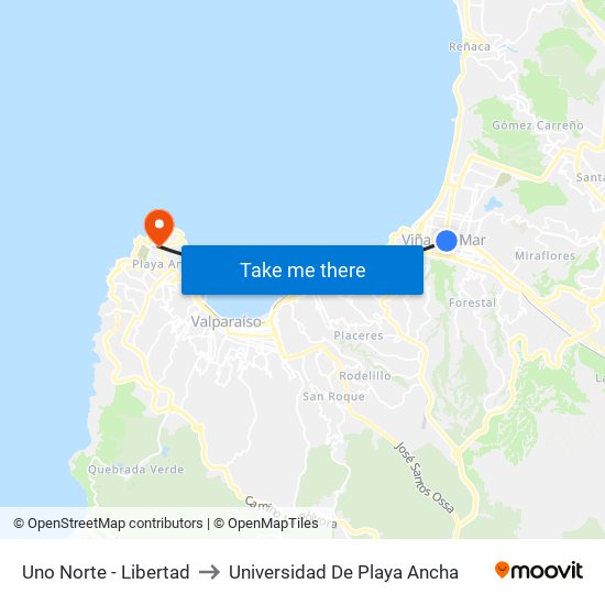 Uno Norte - Libertad to Universidad De Playa Ancha map