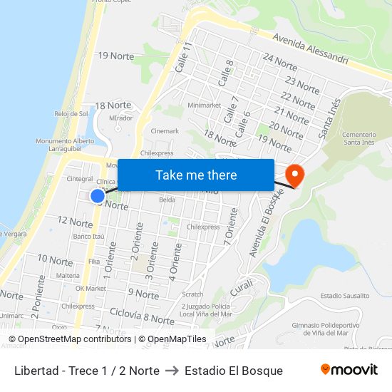 Libertad - Trece 1 / 2 Norte to Estadio El Bosque map