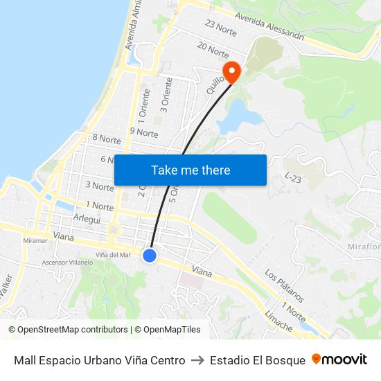 Mall Espacio Urbano Viña Centro to Estadio El Bosque map