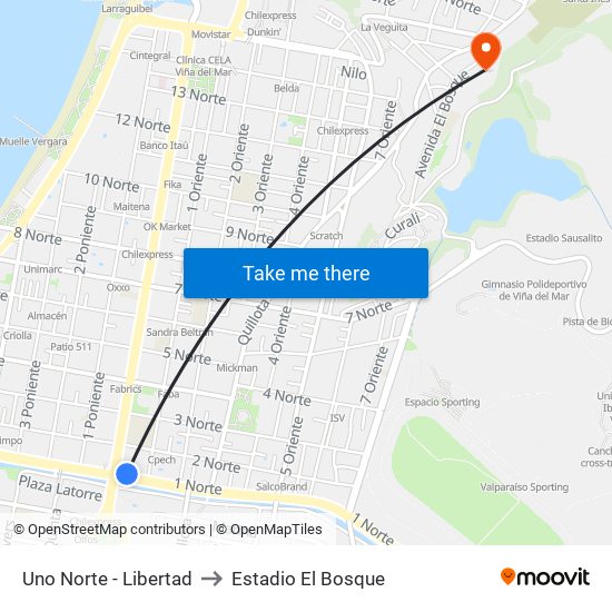 Uno Norte - Libertad to Estadio El Bosque map