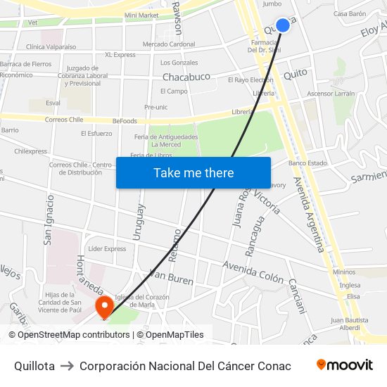 Quillota to Corporación Nacional Del Cáncer Conac map